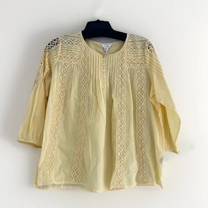 NWT Intro M Yellow Peasant Blouse 3/4 Sleeve Lace Pintuck Top Cottage Core Boho